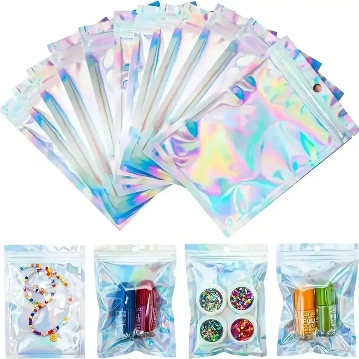 100 Pcs Holographic Bags Rainbow Pattern Self Sealing Candy Bags Front Window Sample Bag For Jewelry Gift Packaging
