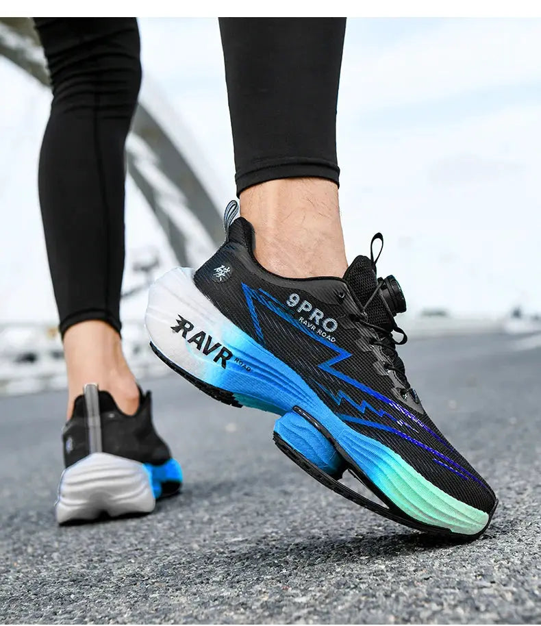 Men's running shoes with black upper and blue-to-teal cushioned midsole, non-slip outsole.