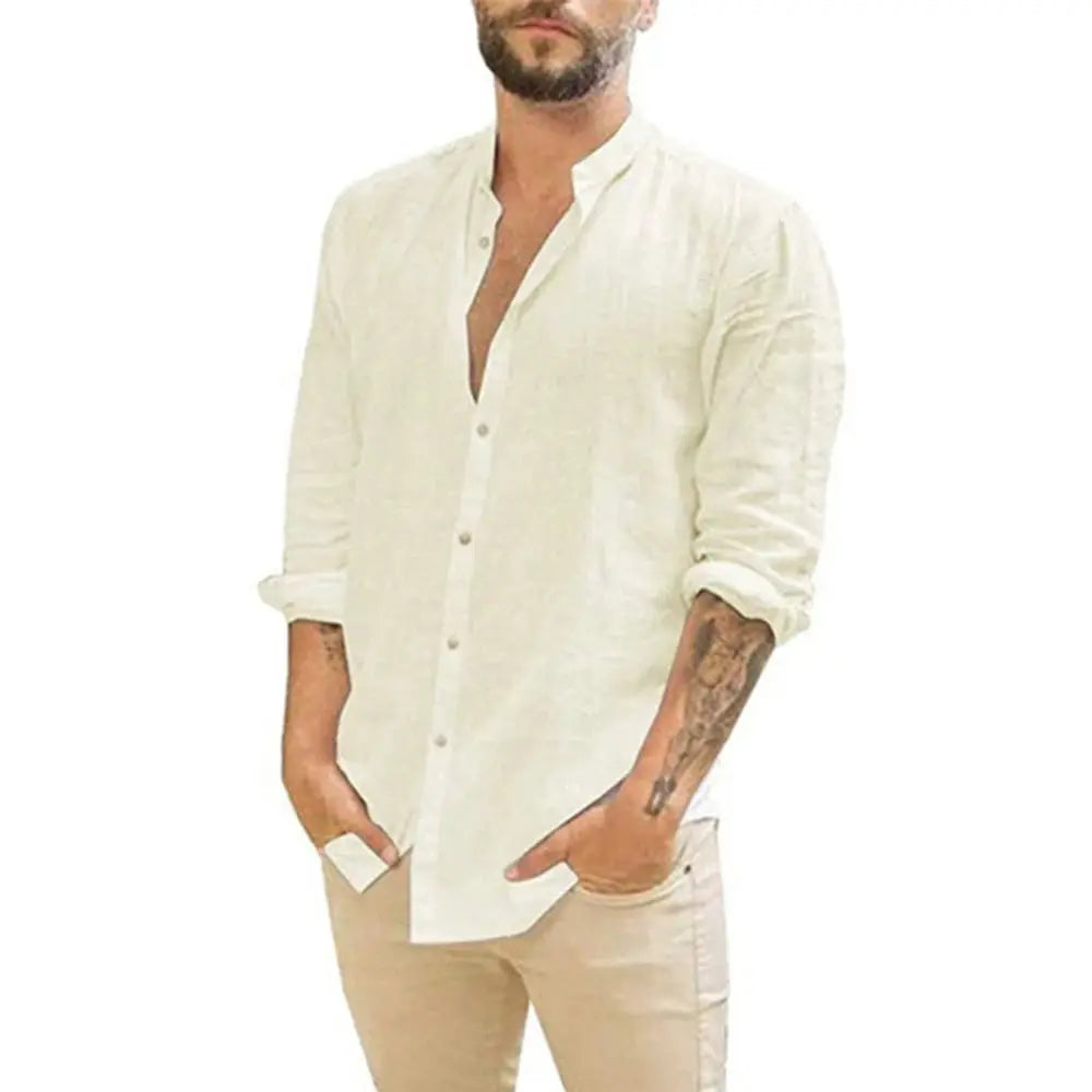 Men's cotton-linen shirt by Simples Market; cream color, stand-up collar, long sleeves, casual beach style