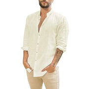 Men's cotton-linen shirt by Simples Market; cream color, stand-up collar, long sleeves, casual beach style