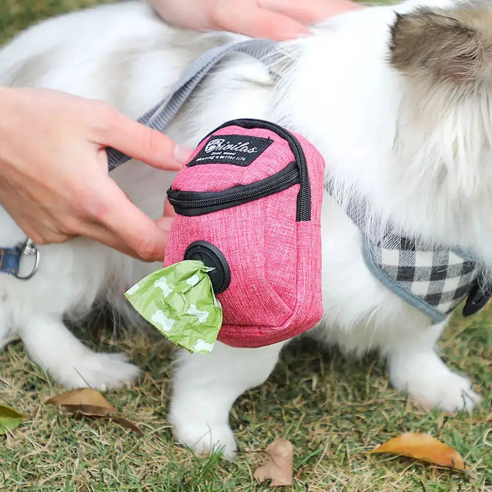 Pink dog treat pouch with black zipper attached to a harness; green poop bags dispensing from the side