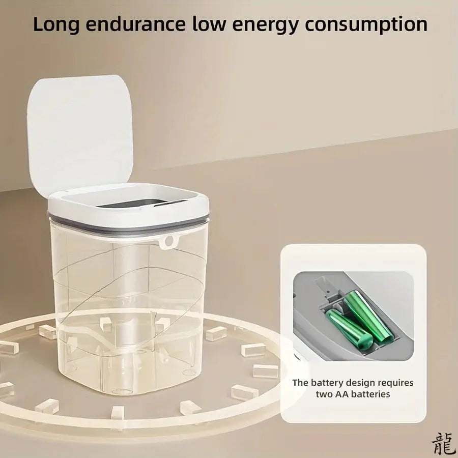 Smart Sensor Touchless Automatic Trash Can by Simples Market; clear plastic, battery powered (two AA), for bathroom/office