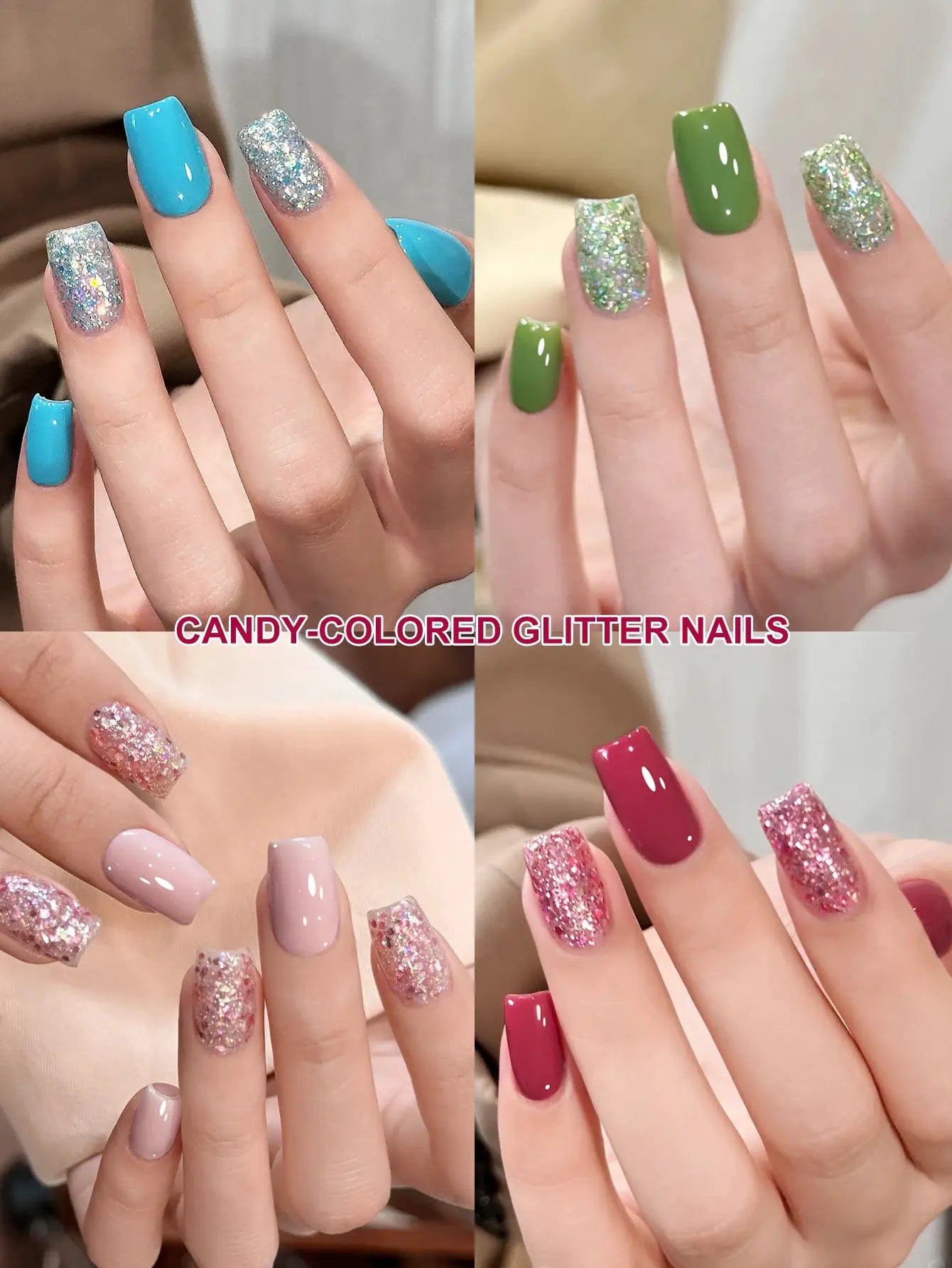Nail art candy-sequin gel set, 16-piece, with solid color and glitter polishes in blue, green and pink