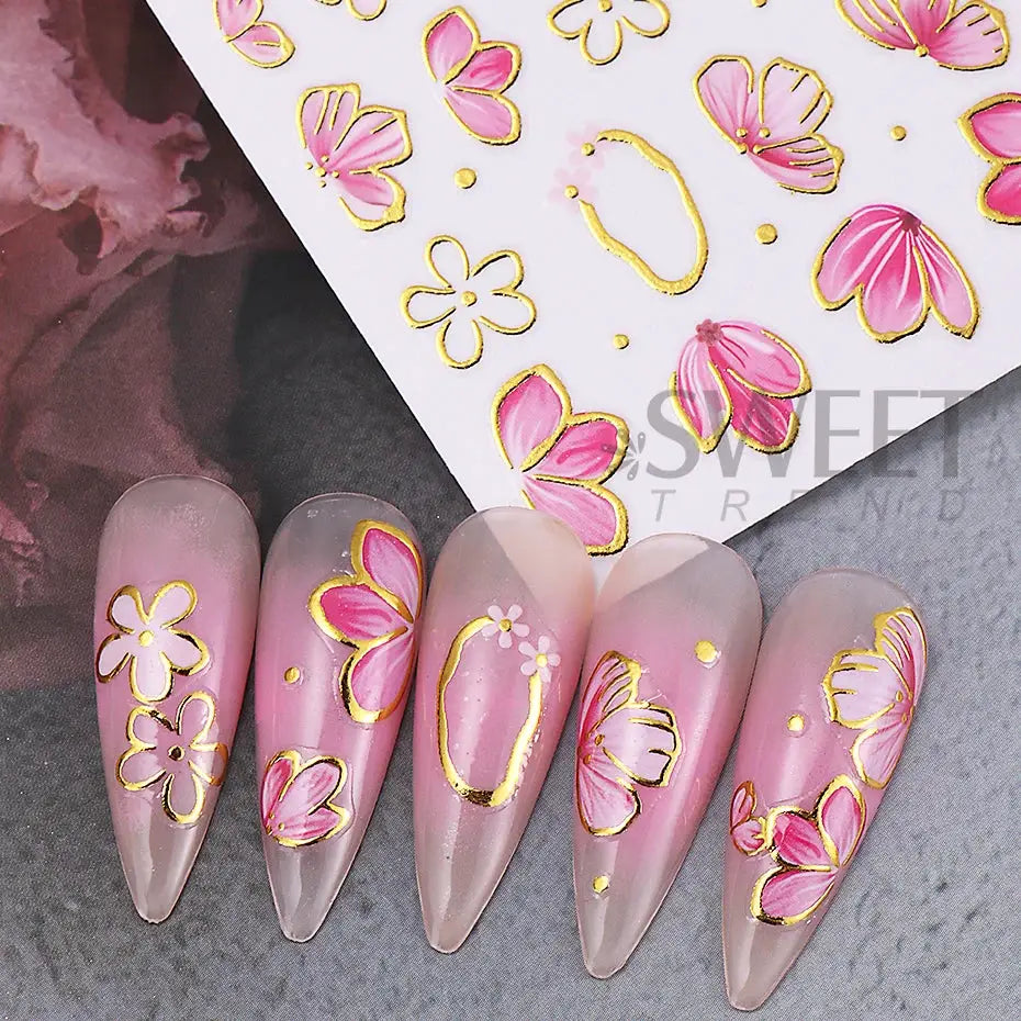 Nail stickers set with golden pink hibiscus flowers and bronze borders for DIY manicure; 2–3 pcs
