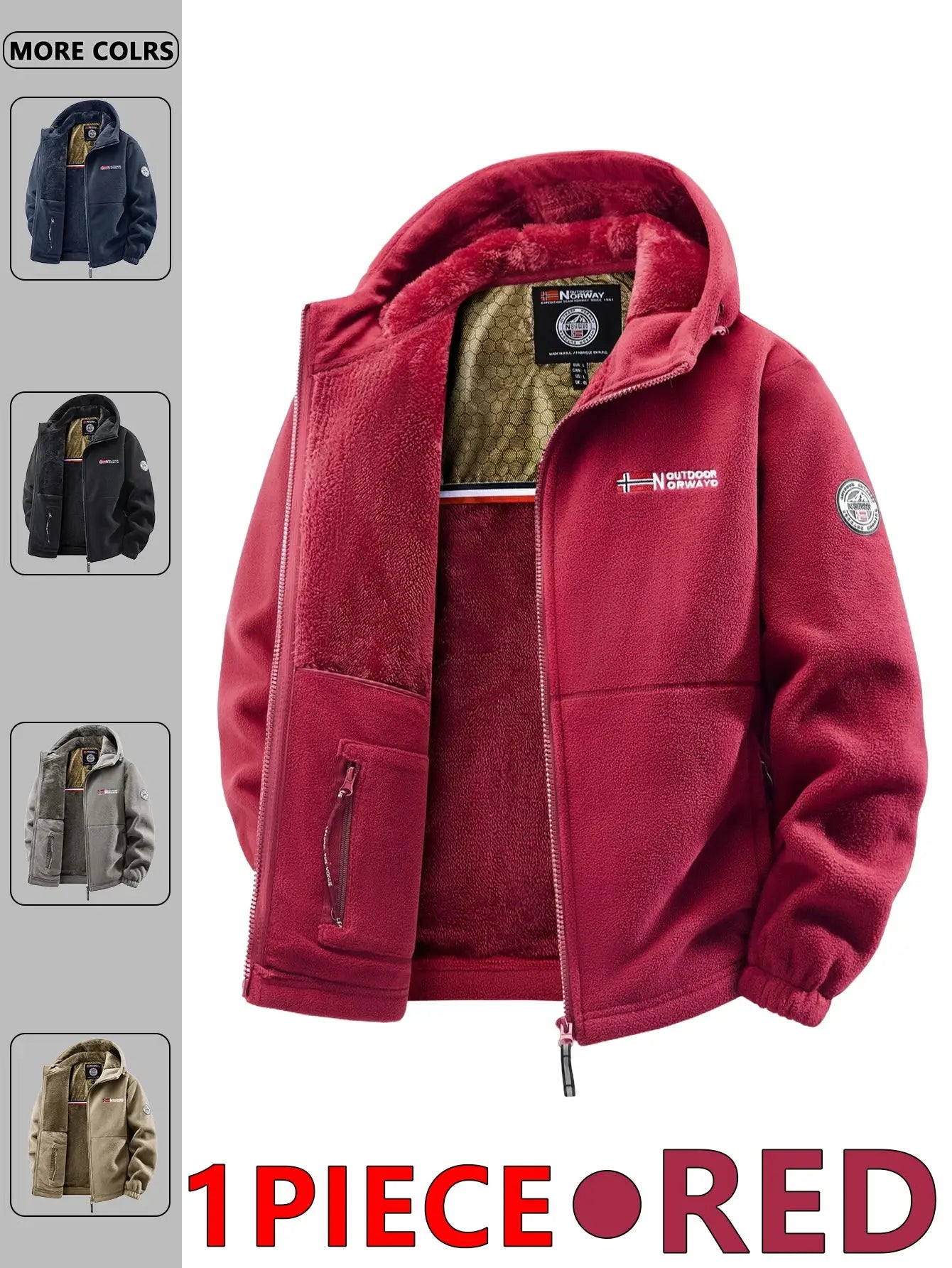 Simples Market men's red fleece hooded jacket with zip pockets and honeycomb inner lining, available in 5 color options
