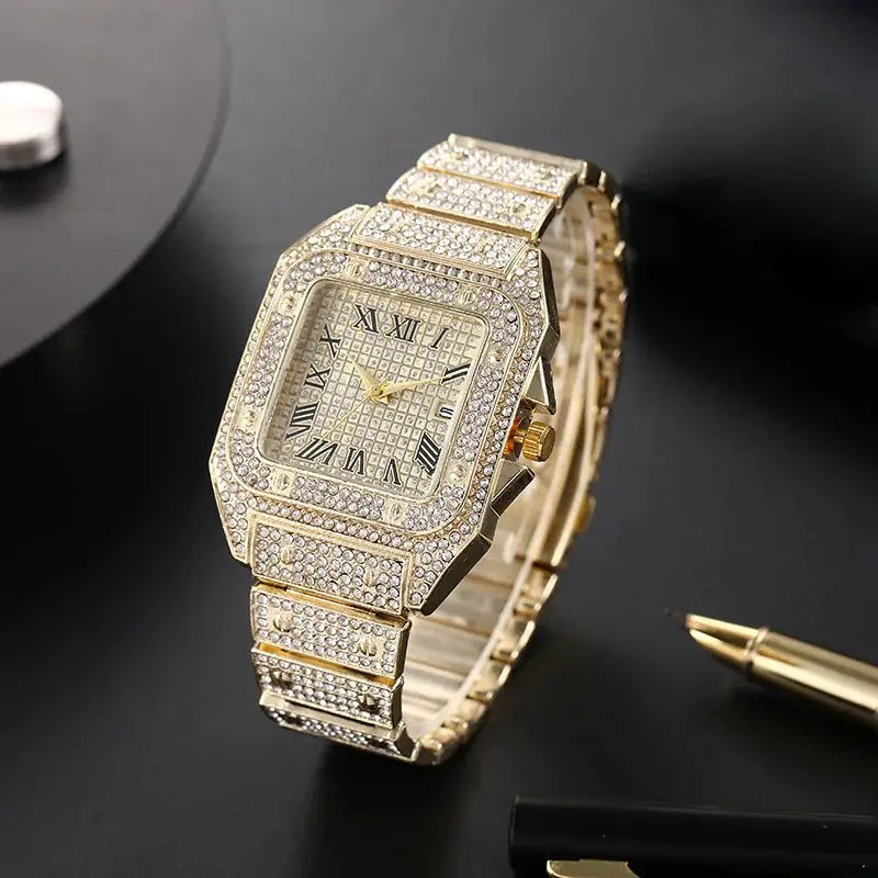 Classic Luxury Mens Steel Strap Square Rhinestone Quartz Watch for Elegant Business Timekeeping