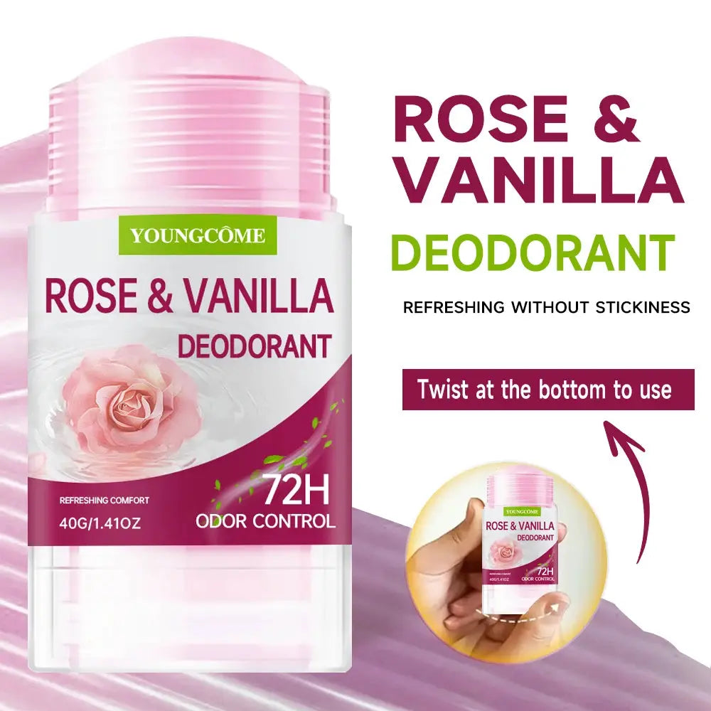 Rose & Vanilla deodorant stick by Youngcome; pink cap, white container, 40 g, 72H odor control