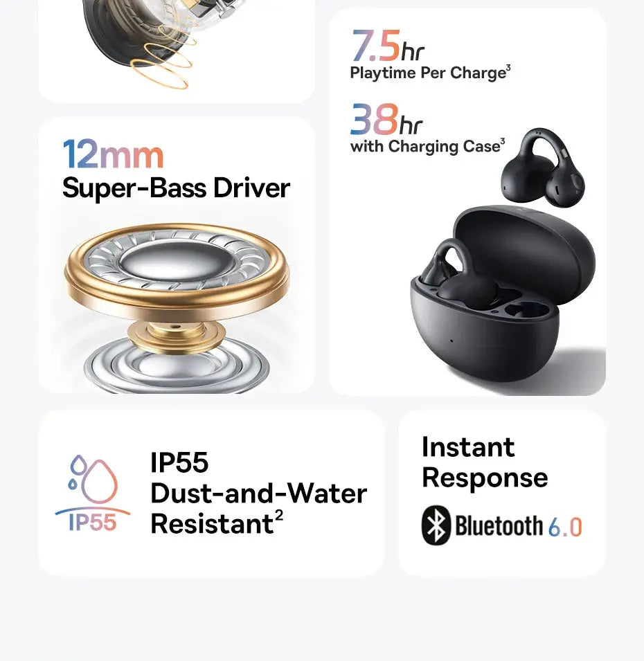 Baseus BC1 Ear Clip open-ear wireless earbuds with charging case, Bluetooth 6.0, IP55, black