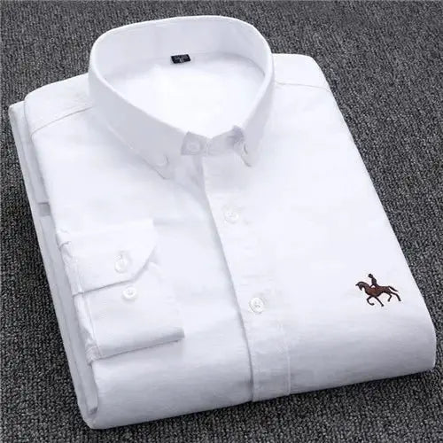 Men's white Oxford shirt, pure cotton, long sleeves, brown horse embroidery, regular fit, Simples Market