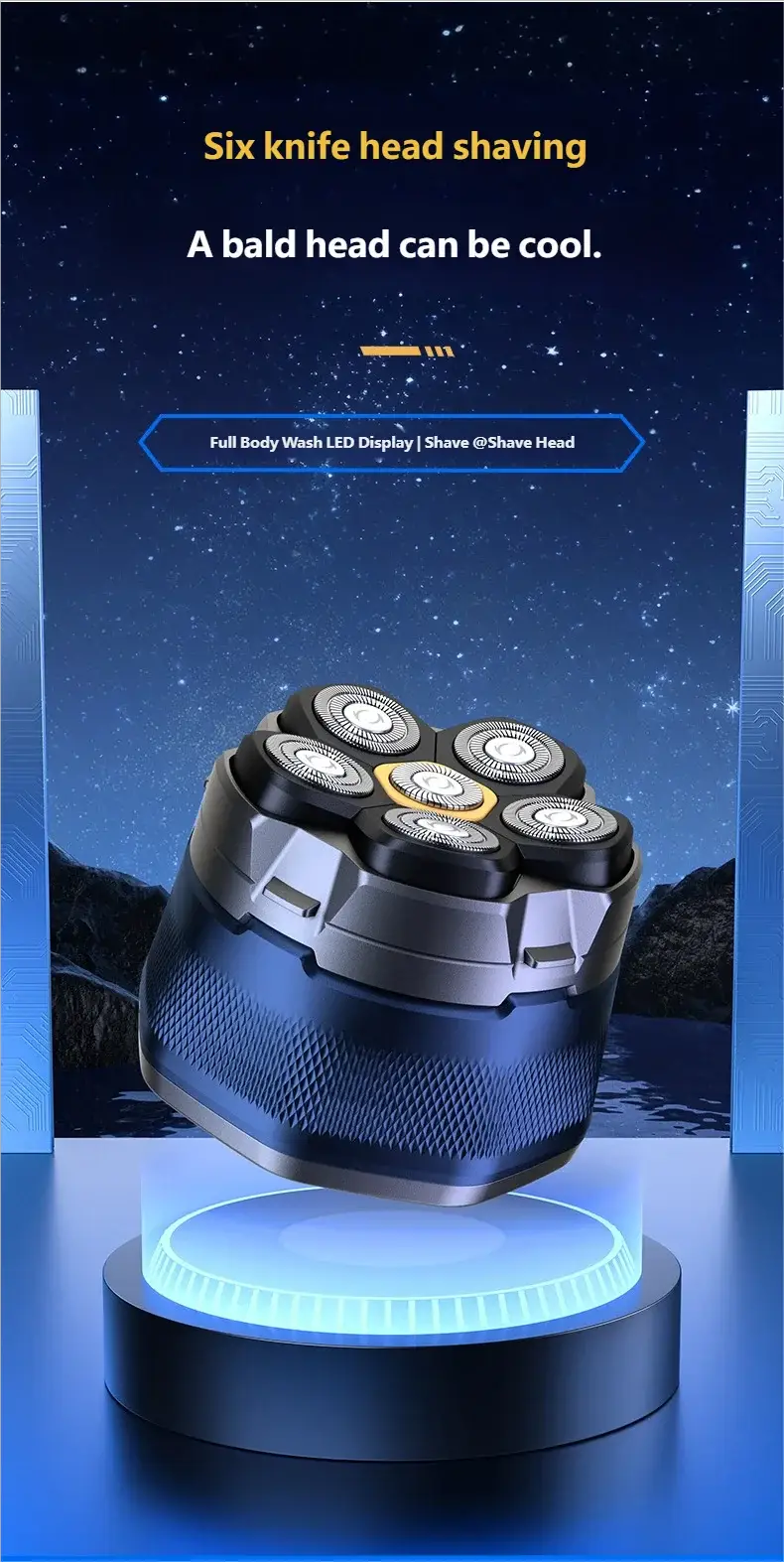 HOMEFISH blue six-rotary head shaver for bald men, 6D magnetic razor, rechargeable waterproof electric trimmer