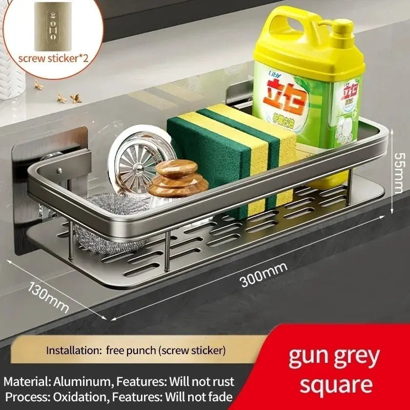 Simples Market gun-gray aluminum no-drill wall-mounted kitchen shelf with drying rack and mop storage