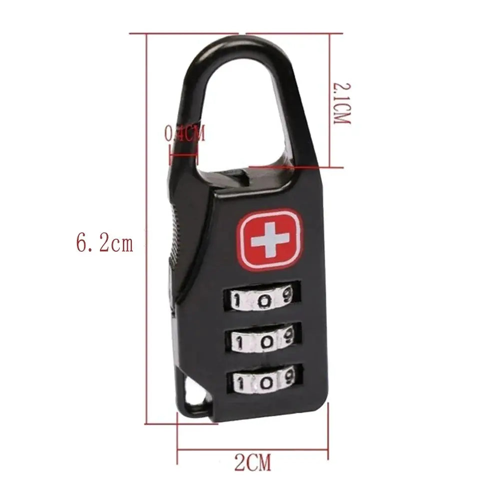 Simples Market mini combination padlock, black metal body with red cross logo, 3-digit dials.