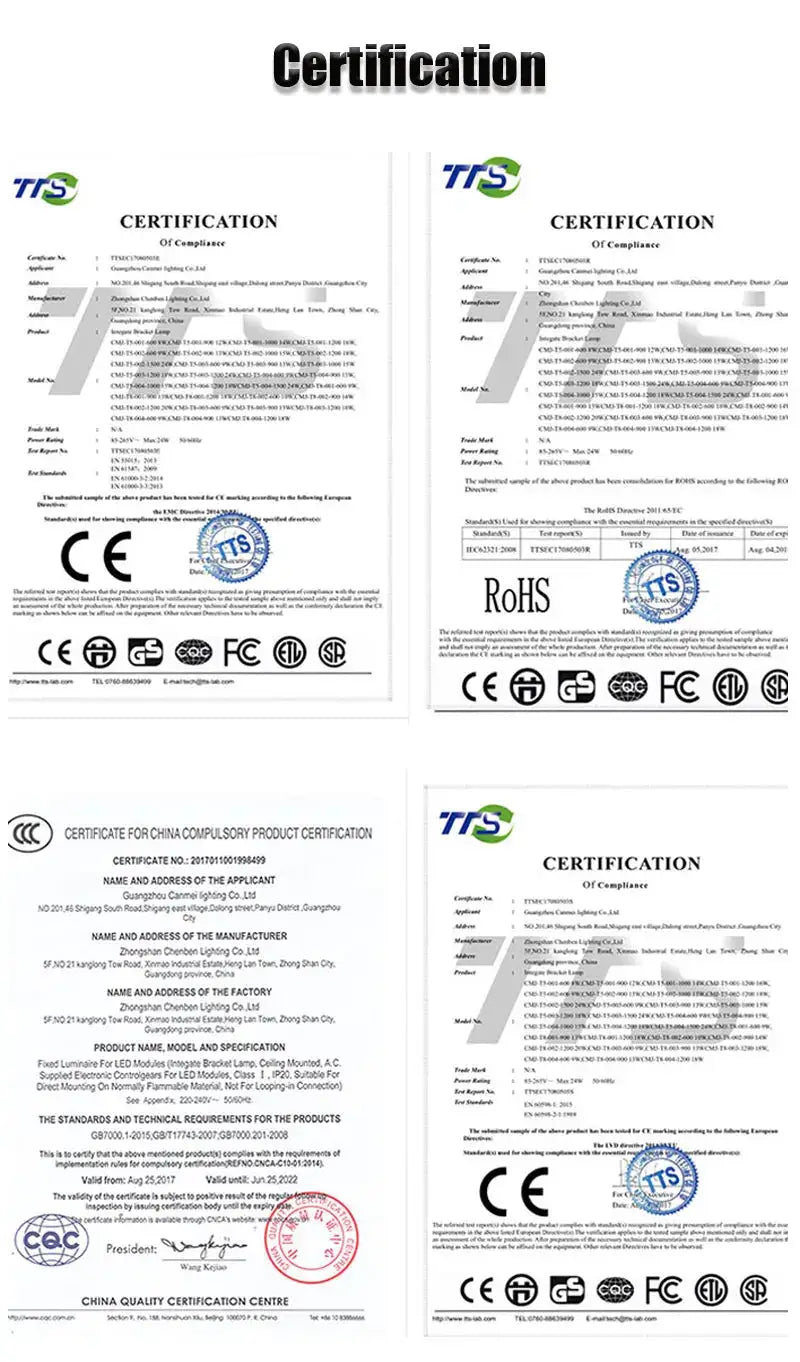 LED ceiling lamp certification documents, four certificates showing CE and RoHS seals
