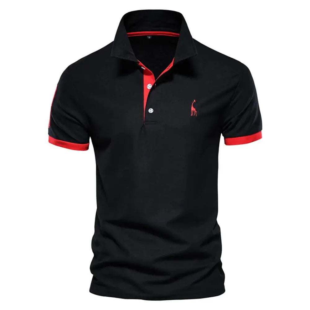 Simples Market polo shirt, black with red trim, giraffe embroidery on chest, men's short-sleeve polo
