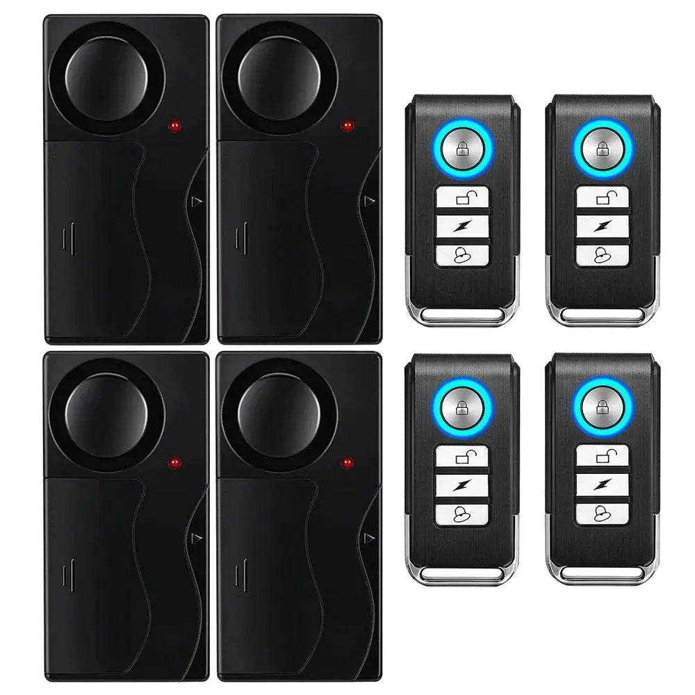 Wireless vibration door/window alarm system by Simples Market; black finish with 4 sensors and 4 remotes, 110dB