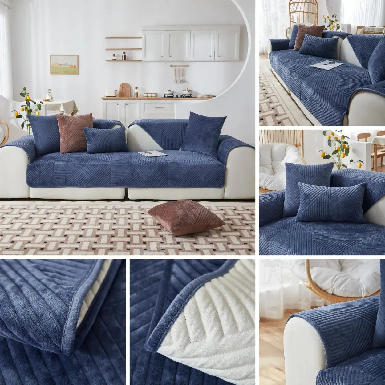 Crystal Velvet sofa cover in blue quilted non-slip fabric by Simples Market for living room sofa