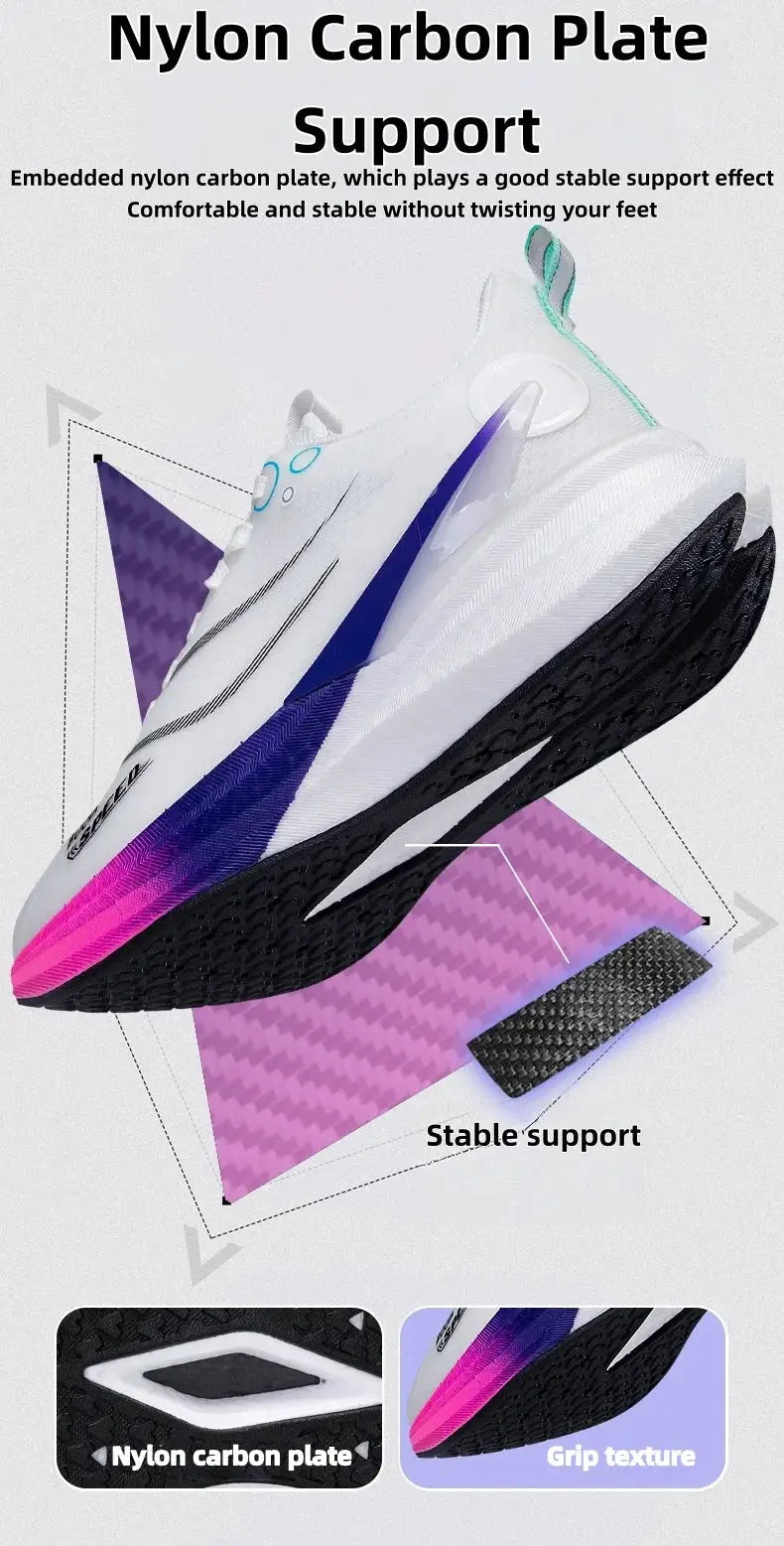 Marathon running shoes by Simples Market with carbon plate, white with purple gradient accents, ultra-light