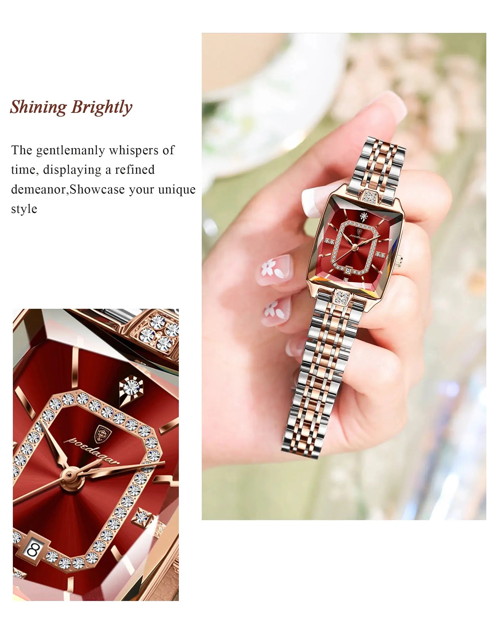 POEDAGAR women's luxury rectangle watch with calendar, red dial, two-tone rose gold and silver stainless steel bracelet