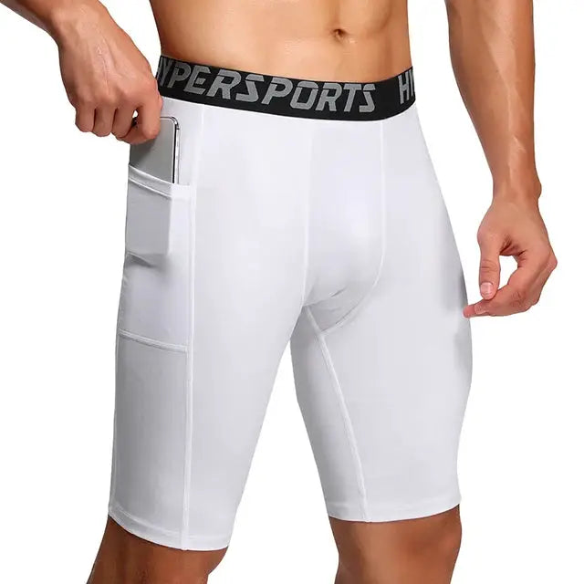 Simples Market men's white compression shorts with side pocket and black branded waistband, mid-thigh athletic shorts.