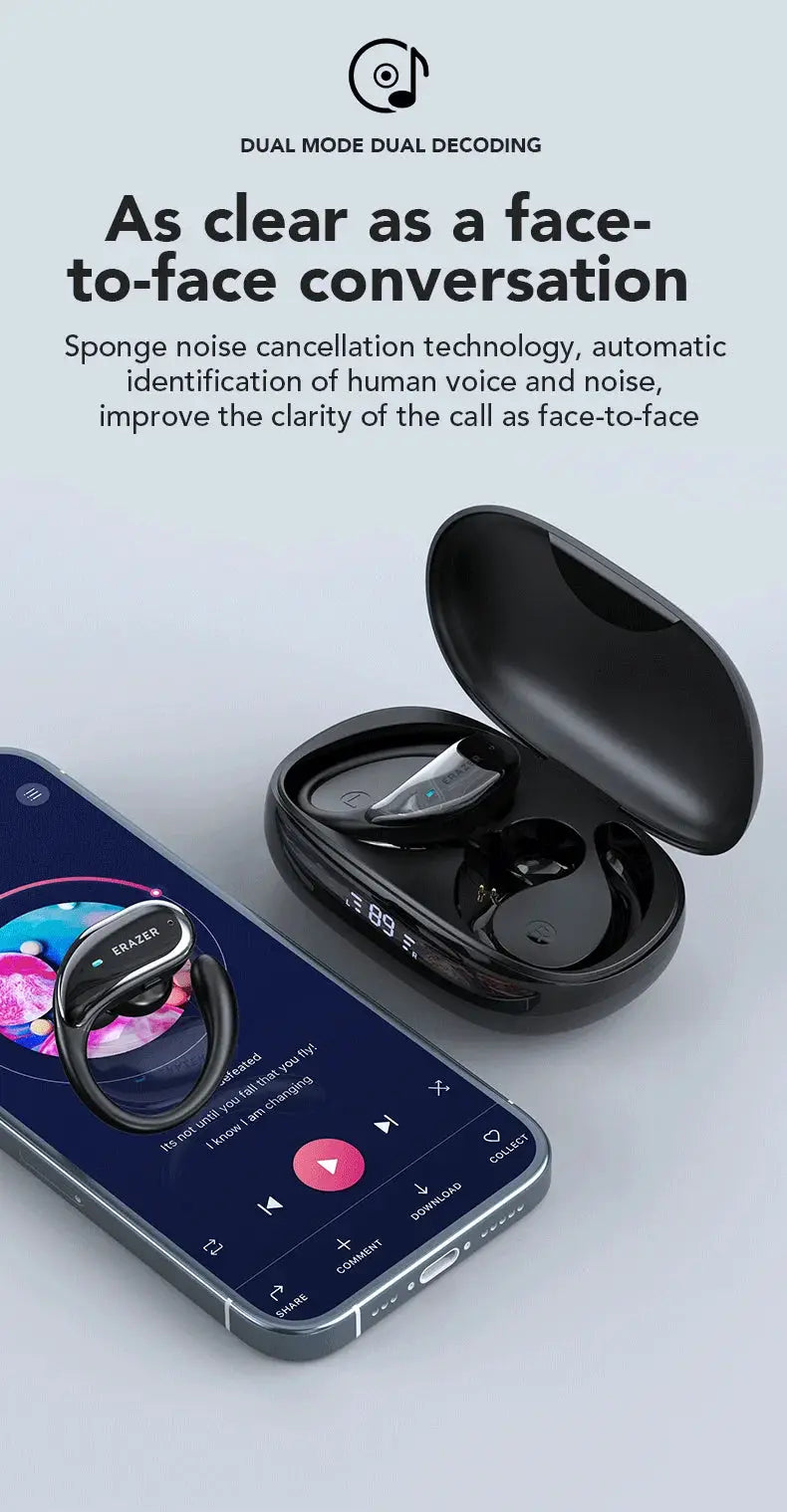 Pair of ERAZER XT80pro TWS AI Bluetooth wireless earphones with charging case in black, Simples Market