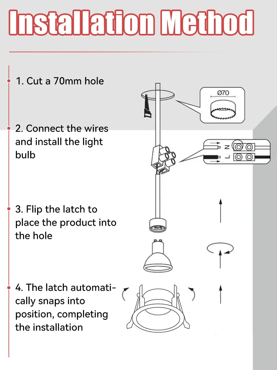 Simples Market replaceable-bulb GU10 downlights LED kitchen spotlight ceiling lamp with installation steps diagram.