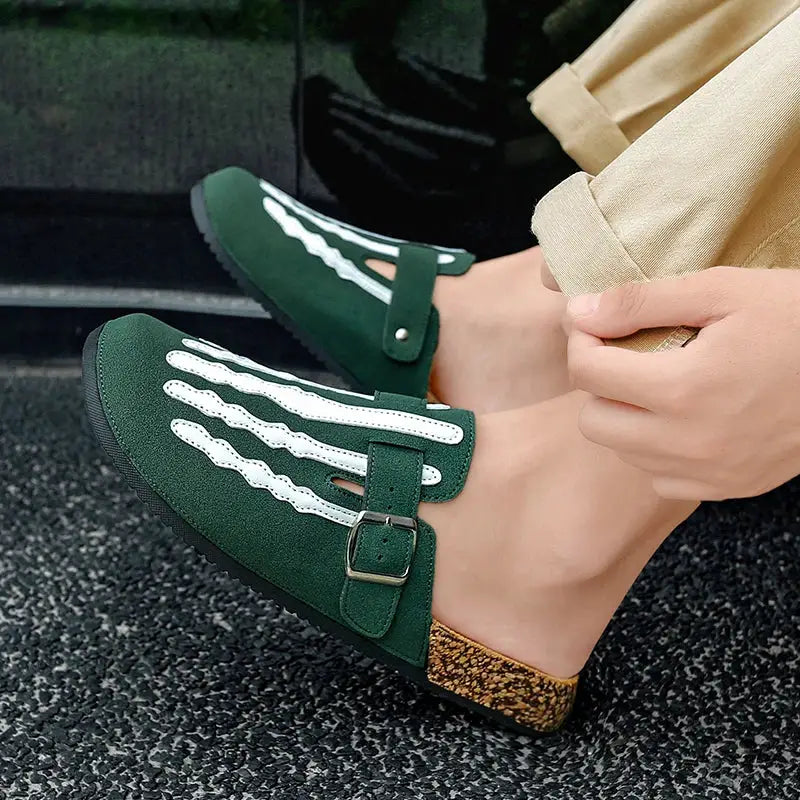 Simples Market green cork clogs with white stitched straps and buckle, arch-support mules