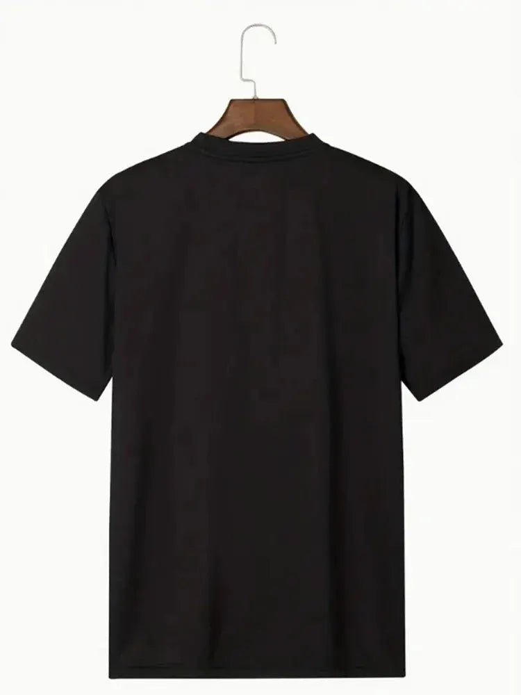 Black short-sleeve T-shirt on hanger; plain back view, casual unisex top