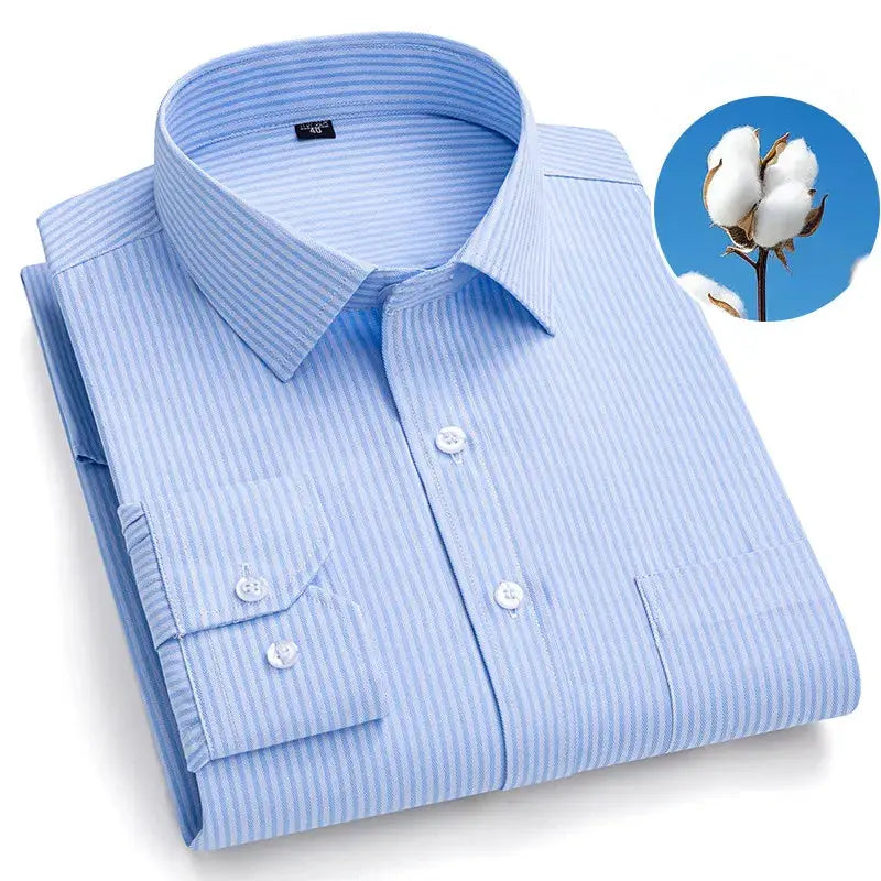 Men's long-sleeve cotton shirt, light blue striped with single chest pocket, Simples Market
