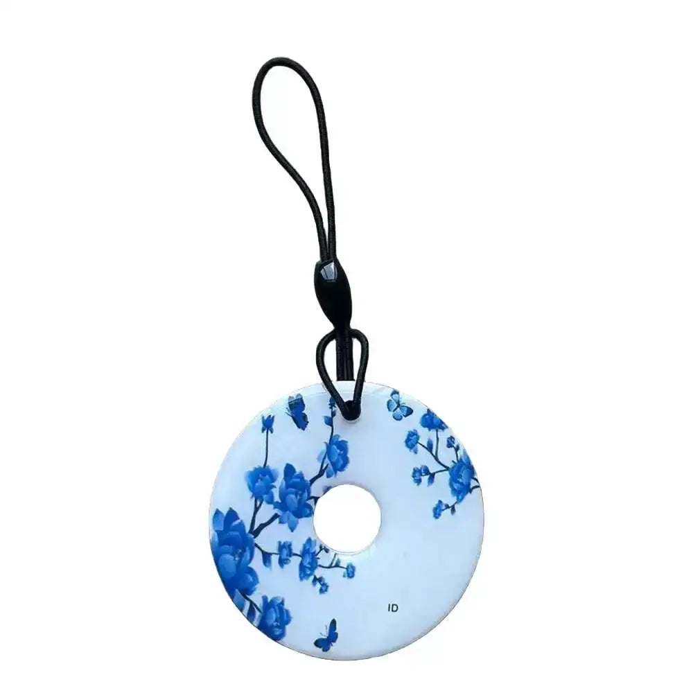 RFID key tag disk, 125KHz EM4305/T5577, blue floral design with a black lanyard