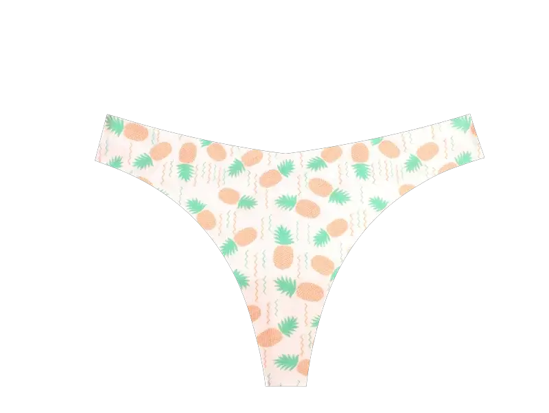 Simples Market women's thong underwear in white with pineapple print, orange pineapples and green leaves, seamless.