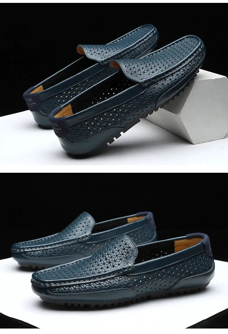 Simples Market men's blue genuine leather slip-on loafers with perforated hollow-out design
