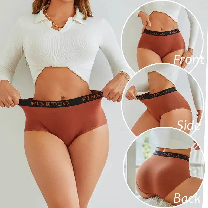 Cotton seamless briefs by Finetoo; rust-brown with black waistband, plus-size underwear