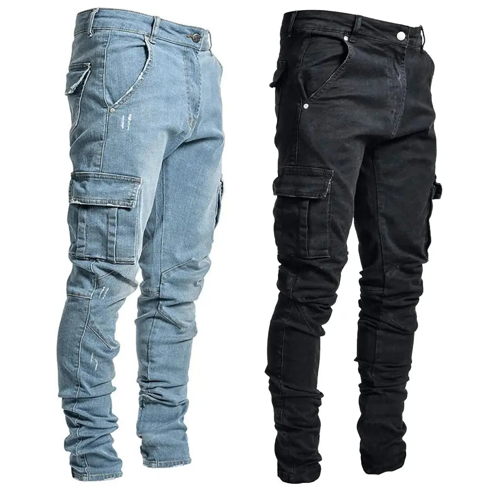 Simples Market Men's Street Elastic Jeans denim cargo pants in light blue and black with multiple pockets (2-pair set).