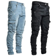 Simples Market Men's Street Elastic Jeans denim cargo pants in light blue and black with multiple pockets (2-pair set).
