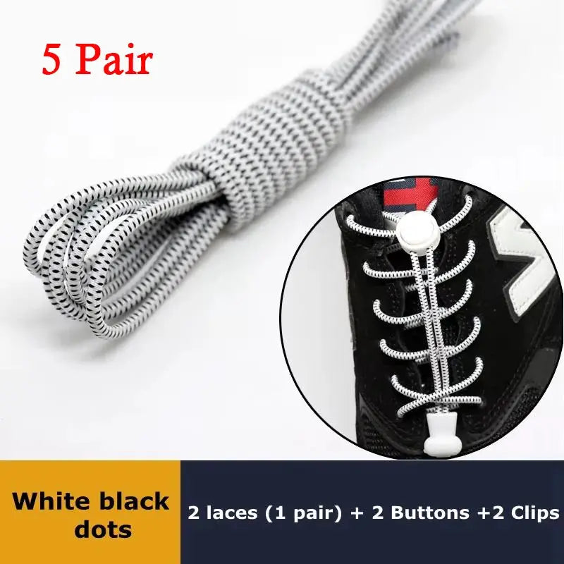 5-pair pack of elastic no-tie round shoelaces, white with black dots