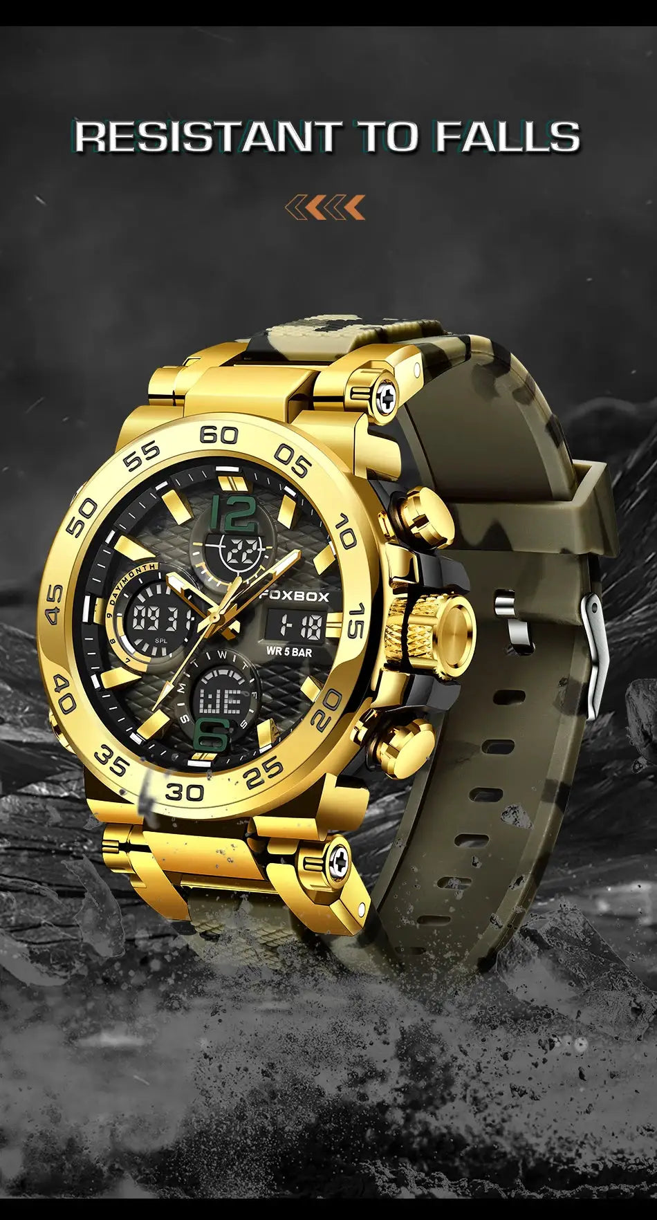 Wristwatch FOXBOX gold-tone with LED display, olive strap, waterproof