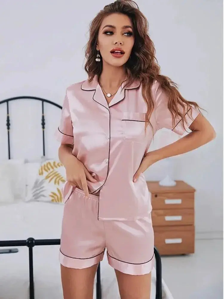 SilkEase Silk Satin Pajama Set For Women Button Down Short Sleeve Top And Shorts Breathable Satin For Cool Comfort