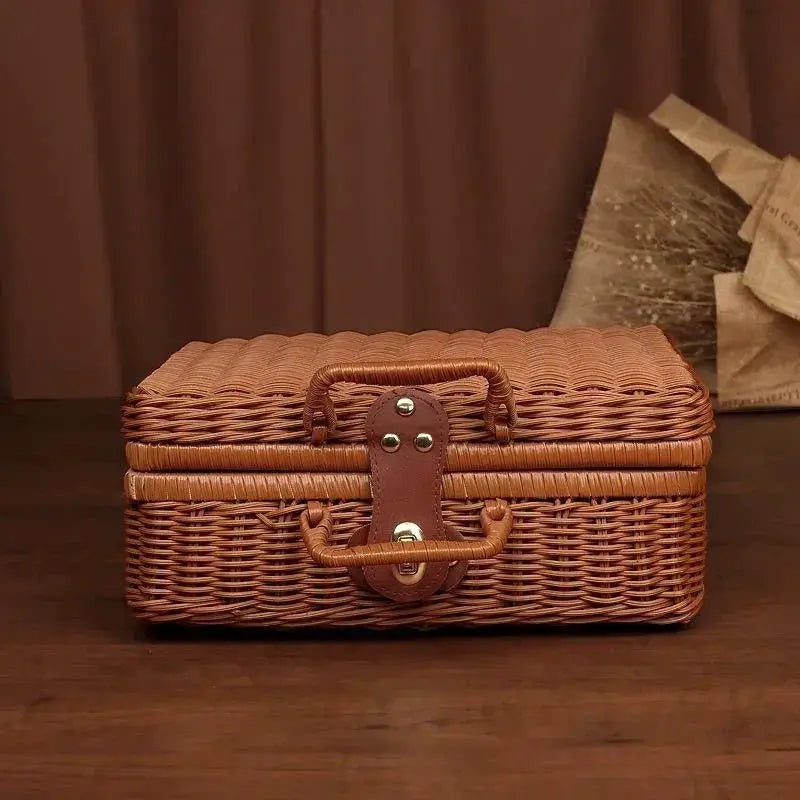 Rattan-like finishing box with lid, woven brown basket and leather handles, Simples Market