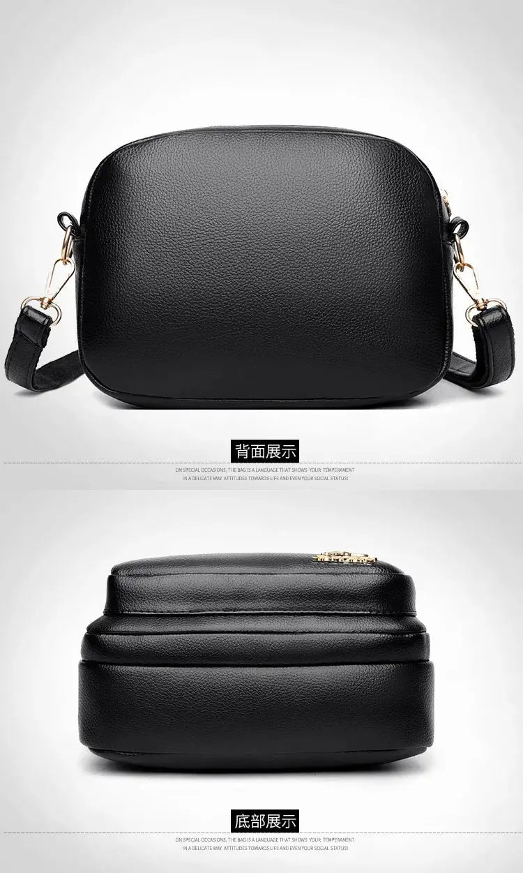 Black soft leather crossbody bag for women with gold hardware and multiple pockets