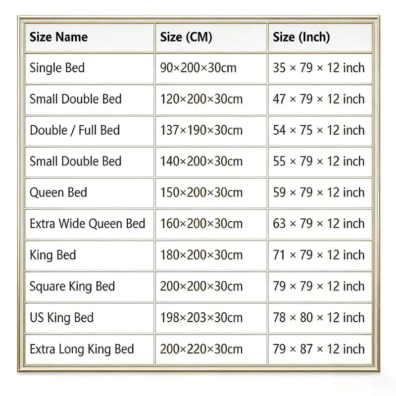Bed size chart framed in light gold, listing sizes from Single to Extra Long King Bed with cm and inch measurements.