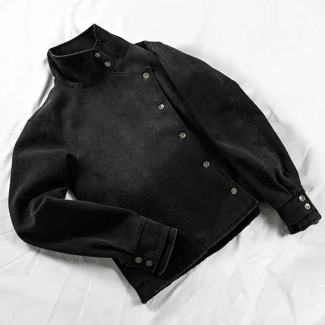 Y2k Fencing Jacket by Simples Market, black canvas cotton with irregular buttons, unisex gothic streetwear.