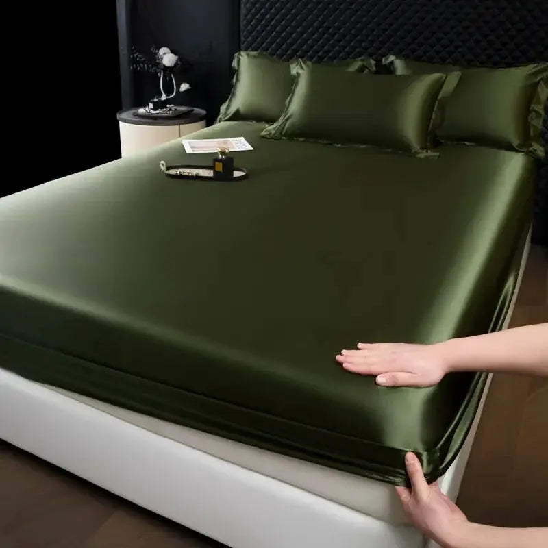 Mulberry silk three-piece fitted sheet set with pillowcases in olive green