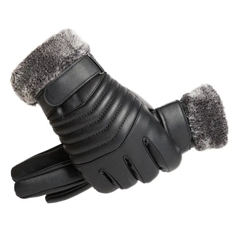 Men's Winter Gloves Fur Mouth Plush Insulation Outdoor Cycling Motorcycle PU Touch Screen Cotton Gloves