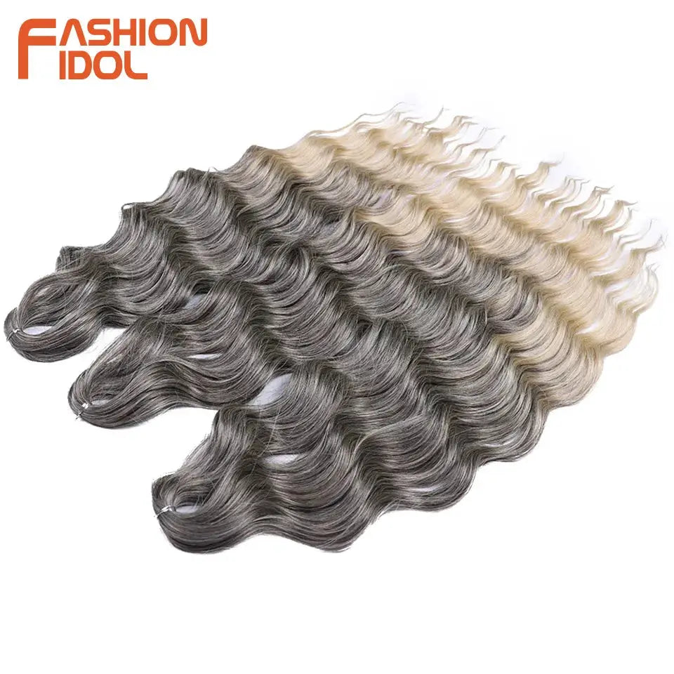 Anna Hair synthetic loose deep wave braiding extensions, 24in, ombre blonde to gray, water wave texture, 5 bundles