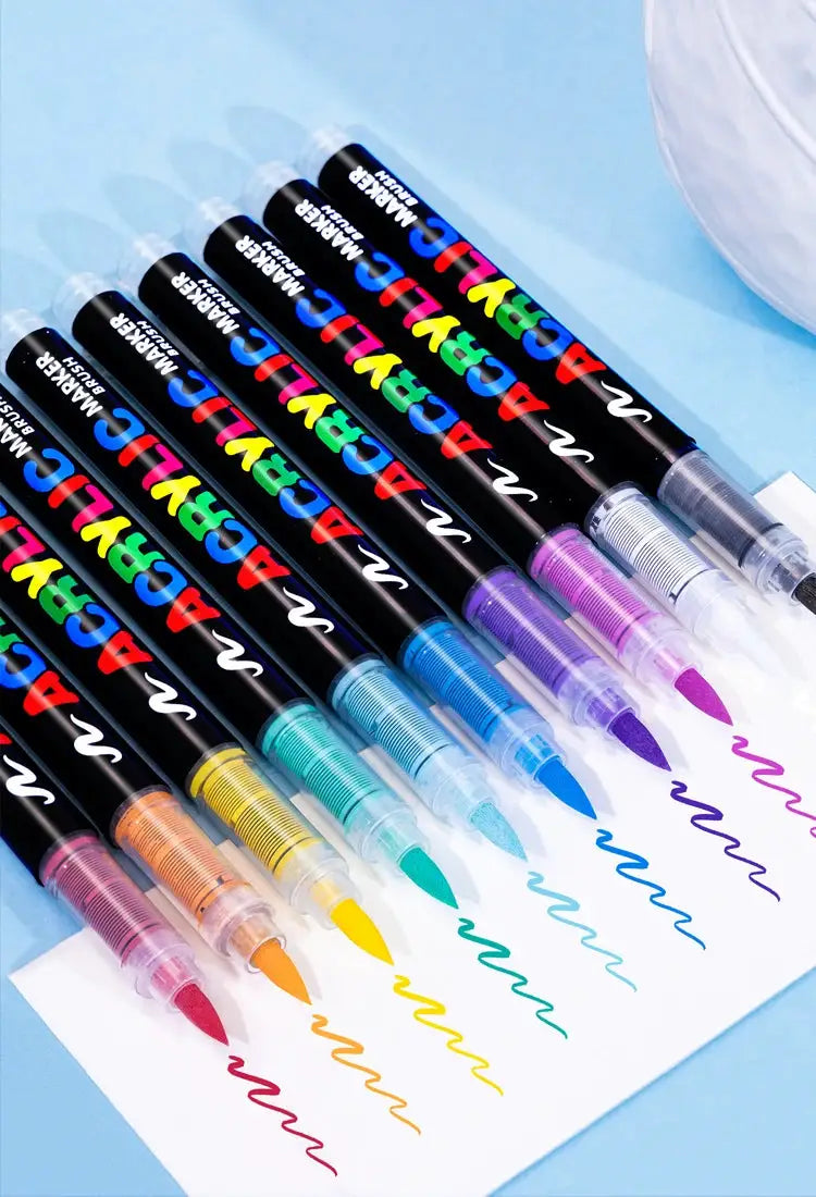 Acrylic marker pens set, 12 colors, waterproof with soft brush nibs