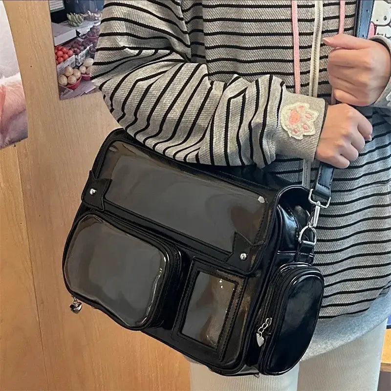 Ita bag black PVC with transparent pockets, large capacity crossbody bag