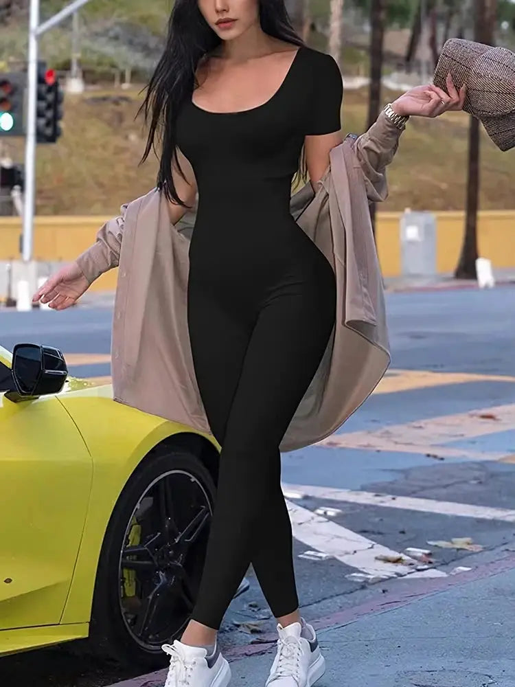 Women's black short-sleeve skinny bodycon romper jumpsuit for casual streetwear