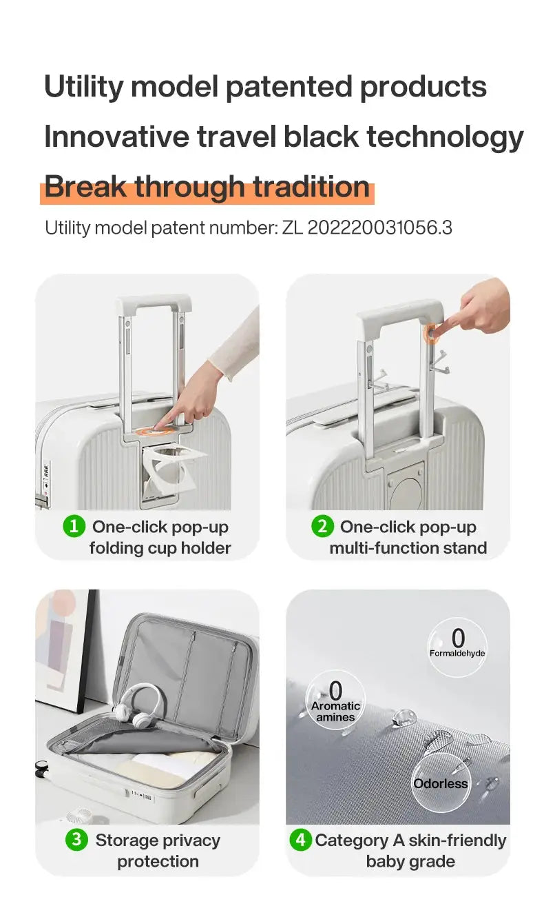 Mixi carry-on suitcase with cup-holder and pop-up stand, gray hard-shell PC luggage with spinner wheels
