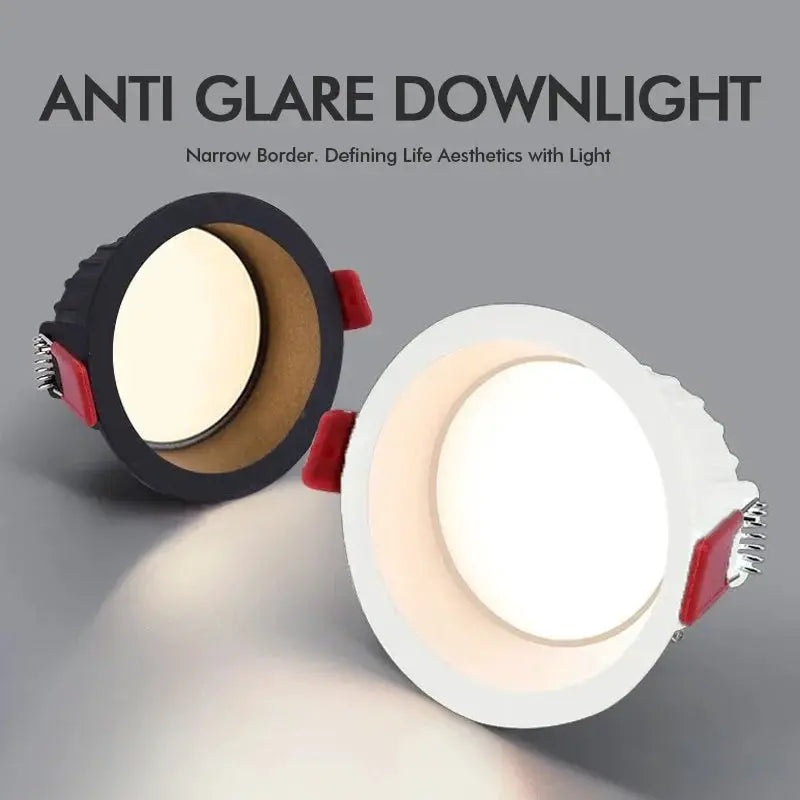 Round anti-glare LED recessed downlight pair, white and black bezels, 7W/10W, 7 cm hole size for indoor ceiling lighting
