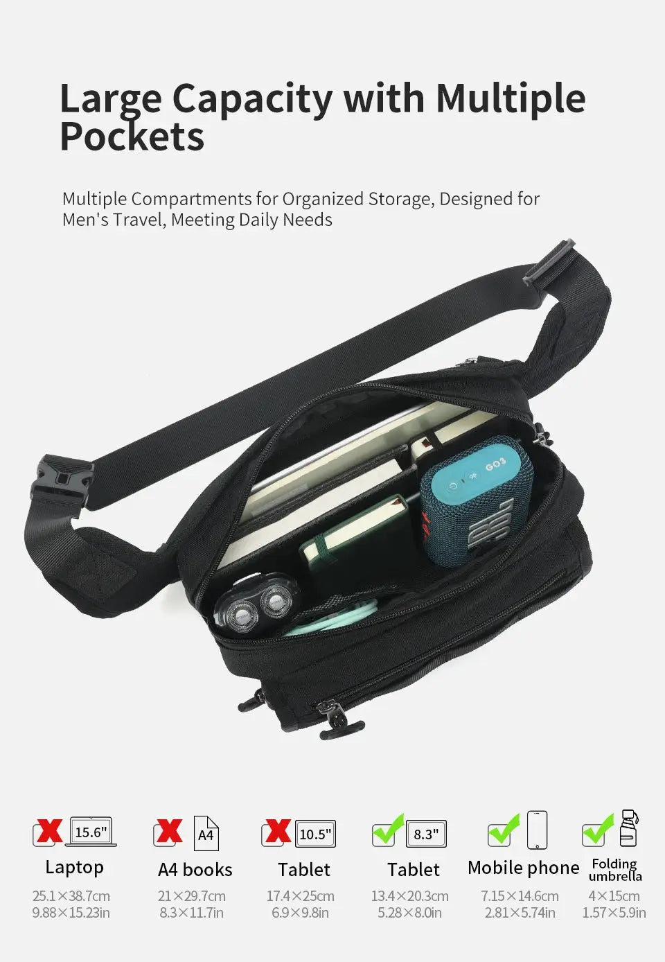 Tigernu men's chest bag in black with multiple pockets for outdoor crossbody use.